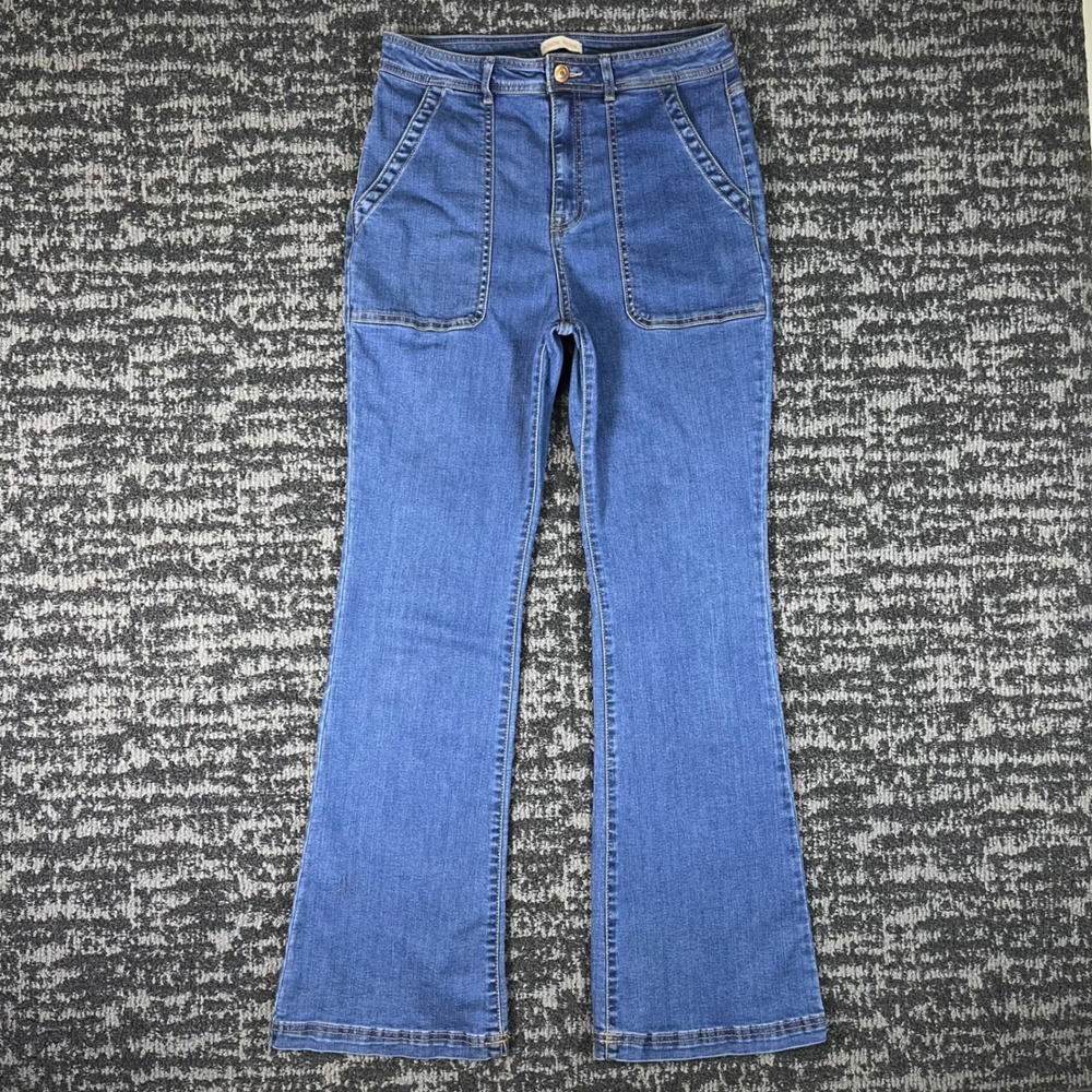 Knox Rose Flare Jeans Womens 10 Blue High Rise Patch Pocket Stretch Denim